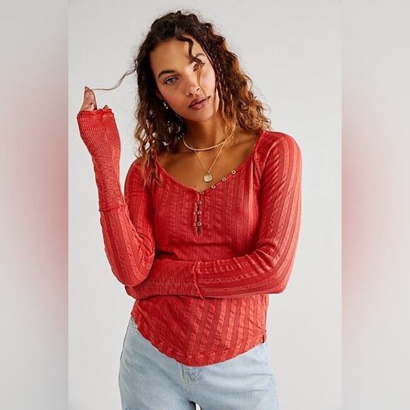 Free People Tops - Free People Wild Hearts Long Sleeve Ribbed Henley Boho Top Preppy Going Out- M